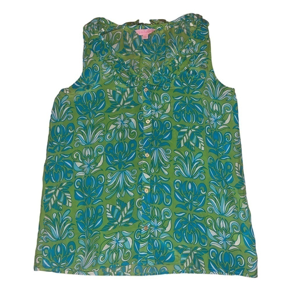 Lilly Pulitzer green blue floral 100% silk ruffle collar blouse women’s size 8